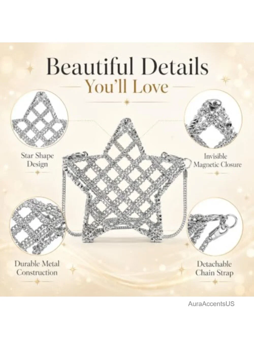 Metal Star Shape Clutch Purse Crossbody Bag Detachable Shoulder Chain Evening